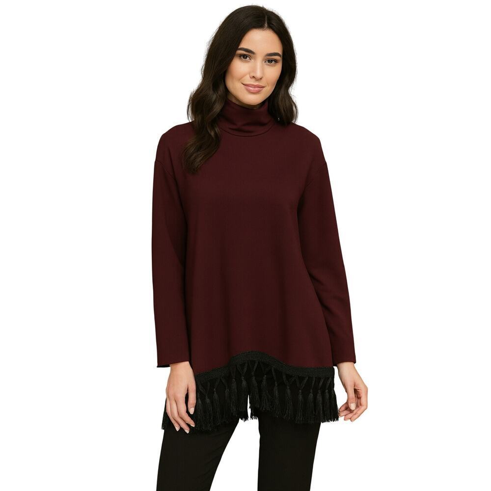Zara maroon tunic top high neck tassle trim sz XS long sleeve Career Casual